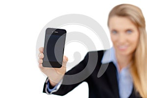 Business woman holding a cell phone