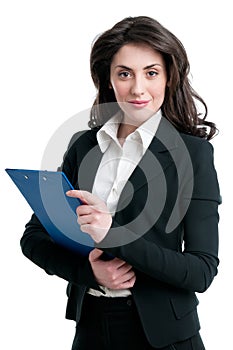 Business woman holding clipboard