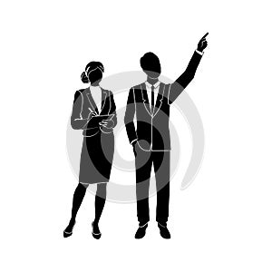 Business woman holding clipboard and writing. Businessman, manager points forward finger. Vector illustration black on white