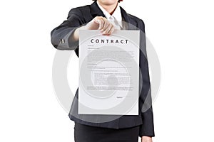 Business woman holding contract document on white background. Young female business worker showing contract paper. Business