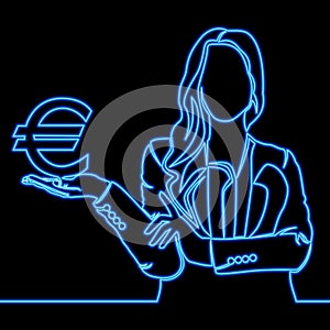 Business woman holding Euro in hand icon neon glow concept