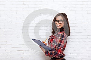 Business Woman Holding Folder Pencil Wear Glasses Checked Shirt