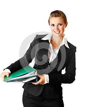 Business woman holding folders with documents