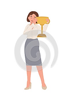business woman holding gold trophy. Flat vector cartoon illustration