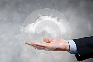 Business woman holding icon cloud computing network and icon connection data information in hand. Cloud computing and technology