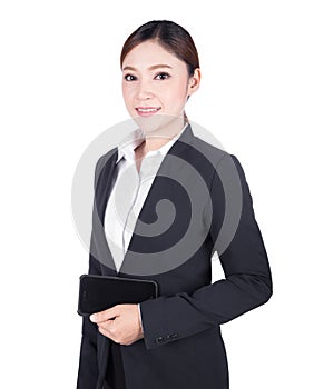 Business woman holding mobile phone isolated on white background