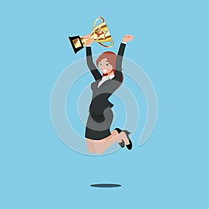 Business woman holding number one gold trophy of achievement. Vector design of the happy winner of career.