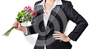 Business woman holding roses.