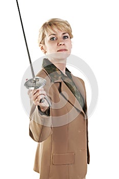 Business woman holding a saber.