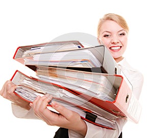 Business woman holding stack of folders documents