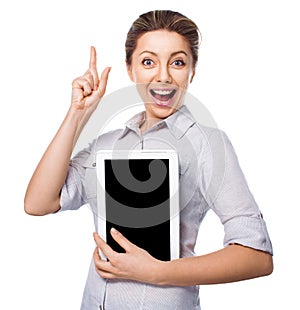 Business woman holding a tablet computer with finger up on white background