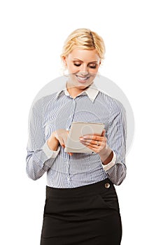 Business woman holding tablet computer isolated