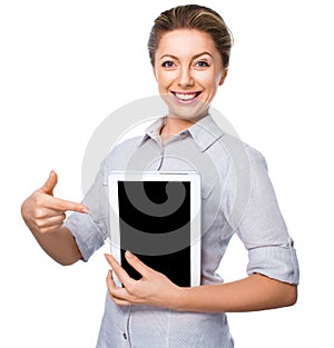 Business woman holding a tablet computer and showing on black screen on white background