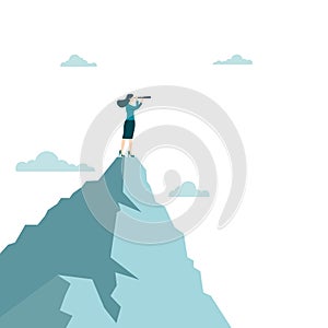 Business woman holding telescope standing on top of mountain looking to success in career