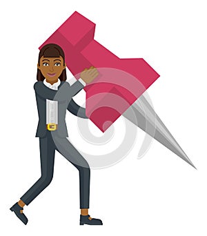 Business Woman Holding Thumb Tack Pin Mascot