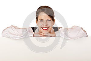 Business woman holds blank advertisement board photo