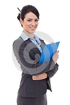 Business woman holds notepad