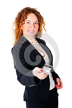 Business woman holds out her credit card