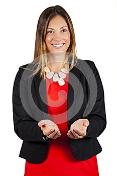 Business woman holds out open hands, smiling. Support and assistance concept