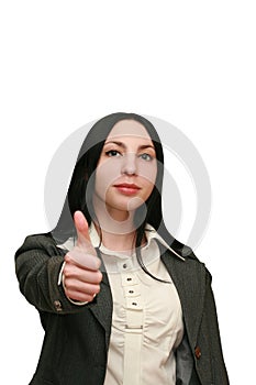 Business woman holds thumbs up