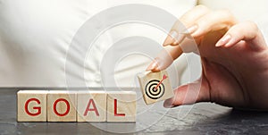 Business woman holds wooden blocks with the word Goal. The concept of achieving business goals. Reaching new heights. Execution of