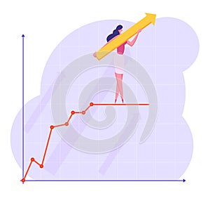 Business Woman with Huge Arrow in Hands Stand on Top of Growing Business Chart Curve Line on Coordinate System