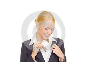 Business woman instert card in pocket