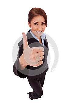 Business woman isolated giving thumbs up sign