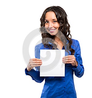 Business woman isolated portrait with white blank card. smiling