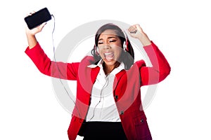 Business woman jamming listening to music photo