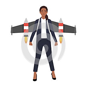 Business woman with jetpack and graph fling up photo