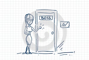 Business Woman Knock Boss Door Doodle Over Squared Background