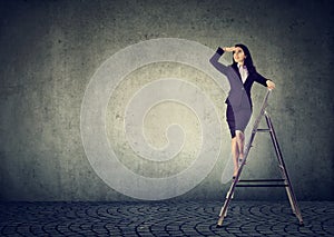 Business woman on a ladder looking far away