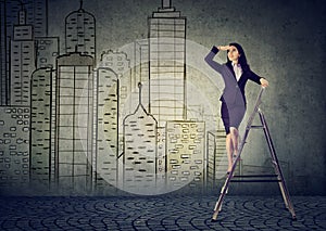 Business woman on a ladder looking far away forecasting real estate market