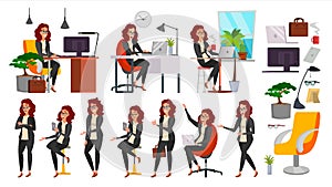 Business Woman Lady Character Vector. Working Female In Action. IT Startup Business Company. Clerk In Office Clothes