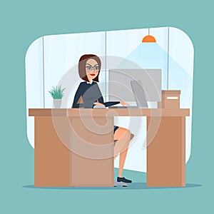 Business woman lady entrepreneur in a suit working on a laptop