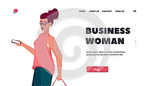 Business Woman Landing Page Template. Stylish Girl Character with Smartphone and Hand Bag Wear Trendy Outfit