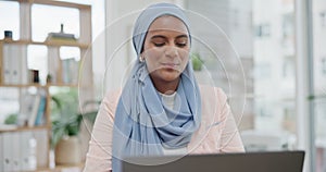 Business woman, laptop and greeting in video conference, waving and office or technology. Happy muslim person, website
