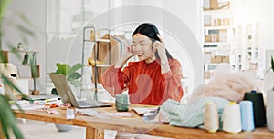 Business woman, laptop and headphones for music while working at office desk, agency or company. Happy worker listening