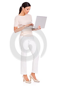 Business woman, laptop and planning in studio, networking and internet for research on white background. Female person