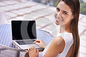 Business woman, laptop and portrait for outdoor connection as financial consultant for online email, network or