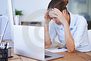 Business woman, laptop problem and headache in office for anxiety, crisis and 404 glitch. Stress, burnout and frustrated