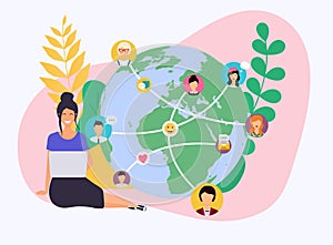 Business woman with a laptop. Social network and teamwork concept for web info graphic. Set of people avatars and icons.