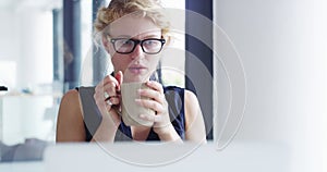 Business woman, laptop or thinking with coffee in office for online ideas, problem solving or future insight. Employee