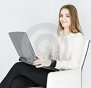 Business woman laptop on white background