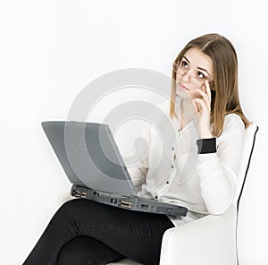 Business woman laptop on white background