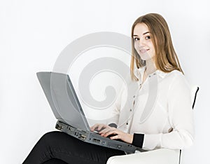 Business woman laptop on white background office