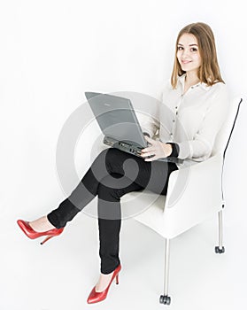 Business woman laptop on white background smile