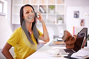 Business woman, laugh and phone call with tech in office with networking and funny joke. Entrepreneur, startup and