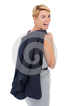 Business woman, laughing and lawyer portrait from job and career in a studio. Smile, fashion and attorney employee with
